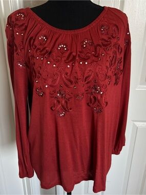 Burnt Orange Embroidered Peasant Shirt w Sequins Size XL